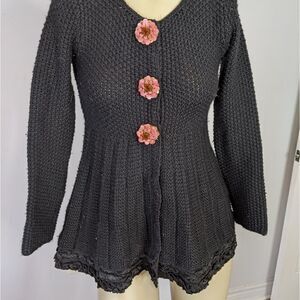 MANOUSH Anthropologie Black Wool Blend Soft Knit sequin Flower Sweater cardigan